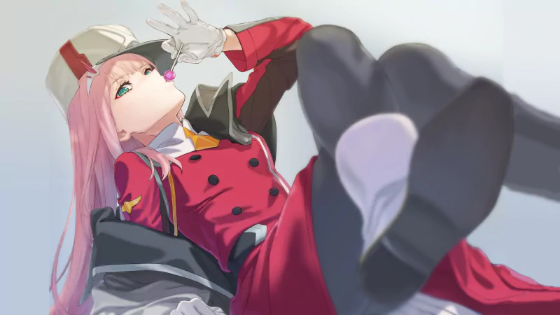 Zero Two from Darling in the FranXX lies back with legs extended, wearing her signature red outfit and pink hair, against a pale background in this anime illustration.