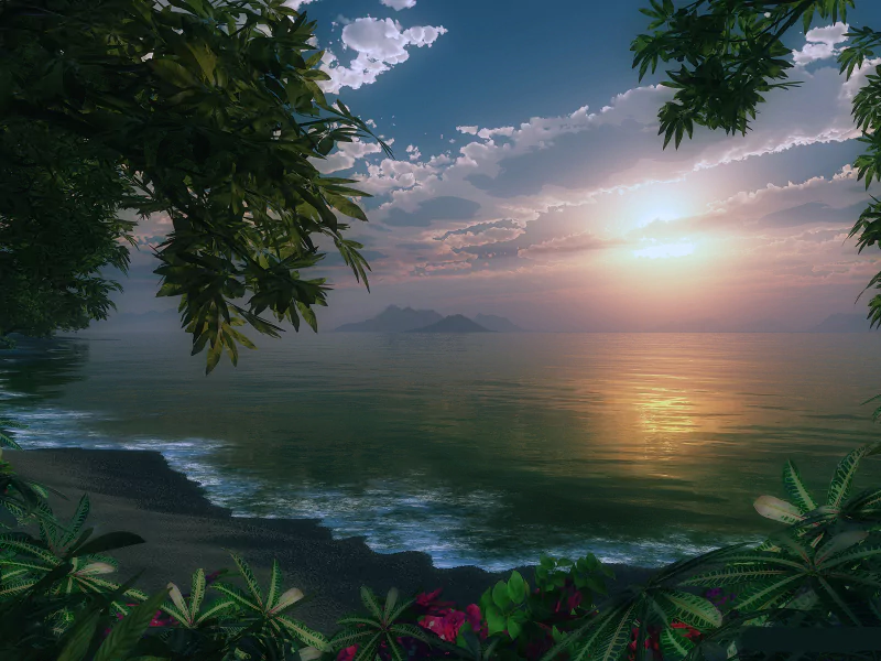 A fantasy landscape showing a calm sea and ocean beneath a glowing sky at sunset, framed by lush green foliage.