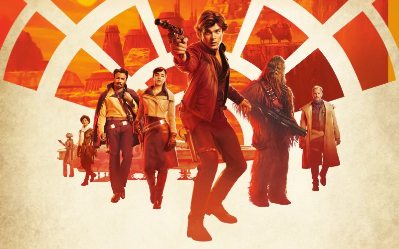 Characters from Solo: A Star Wars Story, featuring Alden Ehrenreich as Han Solo, Emilia Clarke as Qi'ra, Woody Harrelson as Tobias Beckett, and Chewbacca in an action-packed scene.