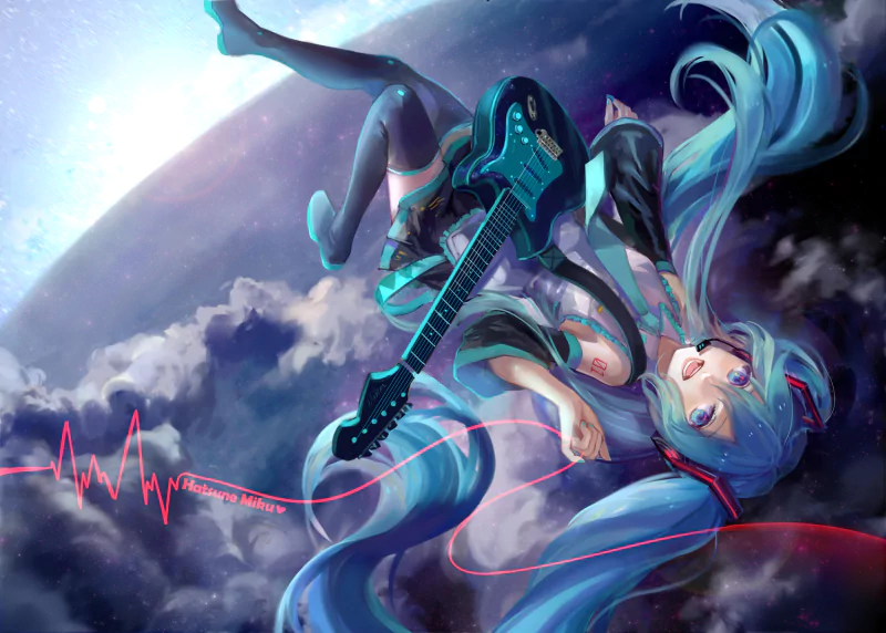 Hatsune Miku anime/Vocaloid art: teal twin-tails float above clouds and a planet as she cradles a glowing electric guitar connected to a red waveform cable.