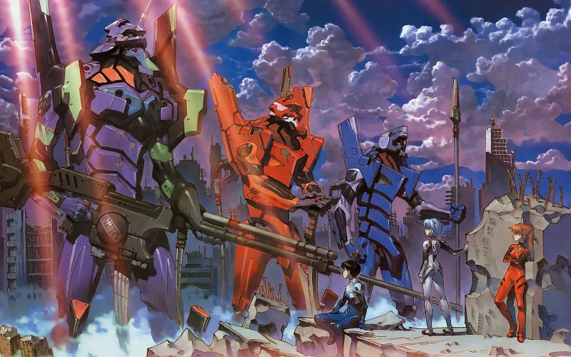 Asuka Langley Sohryu, Rei Ayanami, and Shinji Ikari stand among giant mechs in a post-apocalyptic landscape, showcasing iconic scenes from Neon Genesis Evangelion.
