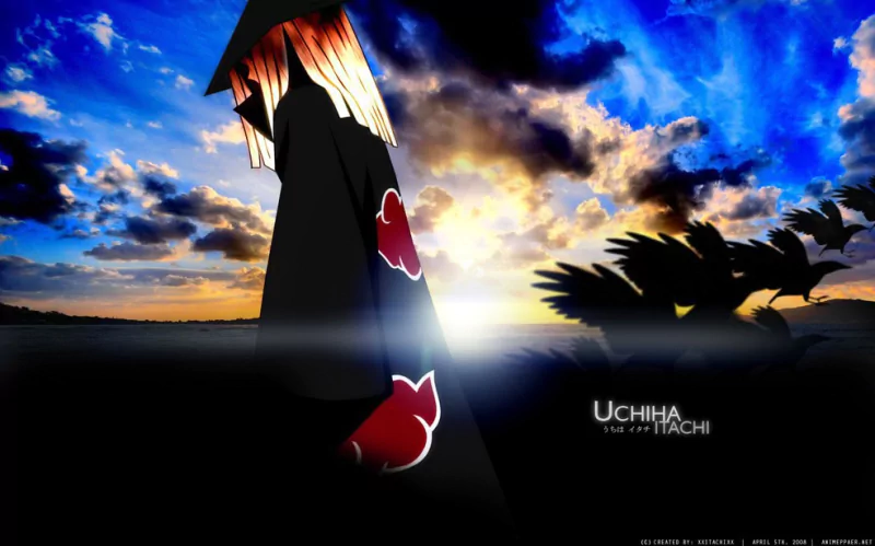 Anime-style image from Naruto featuring Uchiha Itachi with a dramatic sunset and vibrant sky in the background.