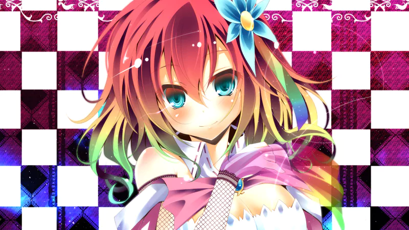 Stephanie Dola from No Game No Life, colorful-haired anime girl with teal eyes, flower hairpin and pink ribboned outfit against a magenta-and-white checkerboard background.