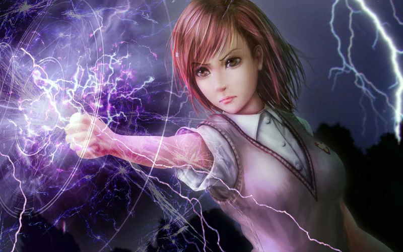 A character from the anime *A Certain Scientific Railgun* channels energy, with lightning crackling around her as she prepares to unleash her powers.