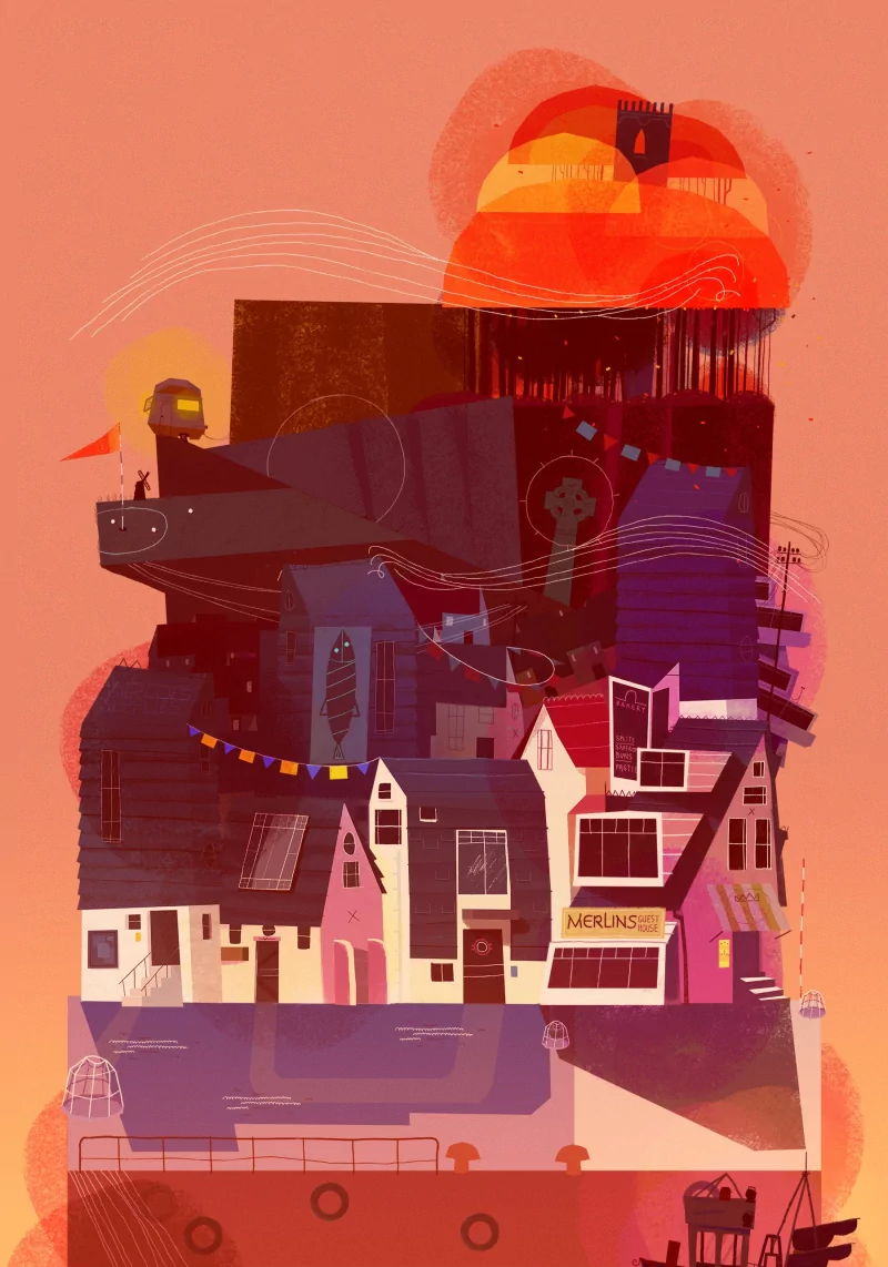 video game Knights and Bikes illustration cityscape sunset Image