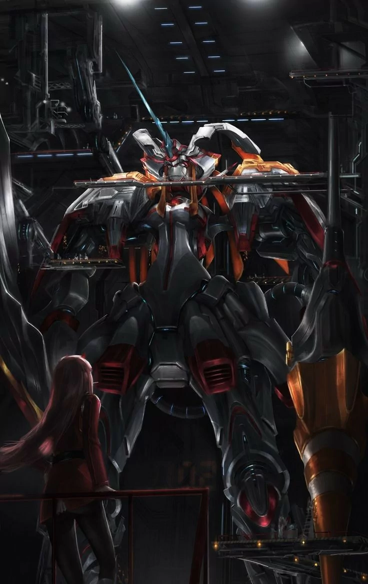 Zero Two from Darling in the FranXX stands before the towering Strelizia mecha in a dimly lit hangar, captured in a dramatic anime scene from Darling in the FranXX.