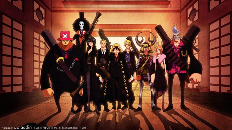 Anime-style image from One Piece featuring the Straw Hat Pirates standing together in a traditional Japanese-style room with warm lighting.