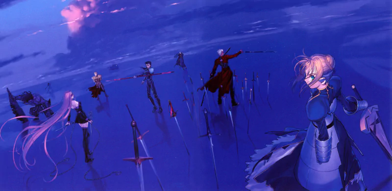 A dramatic scene from the Fate series featuring Caster, Gilgamesh, Assassin, Berserker, Archer, Lancer, and Saber standing among swords, set against a twilight backdrop.