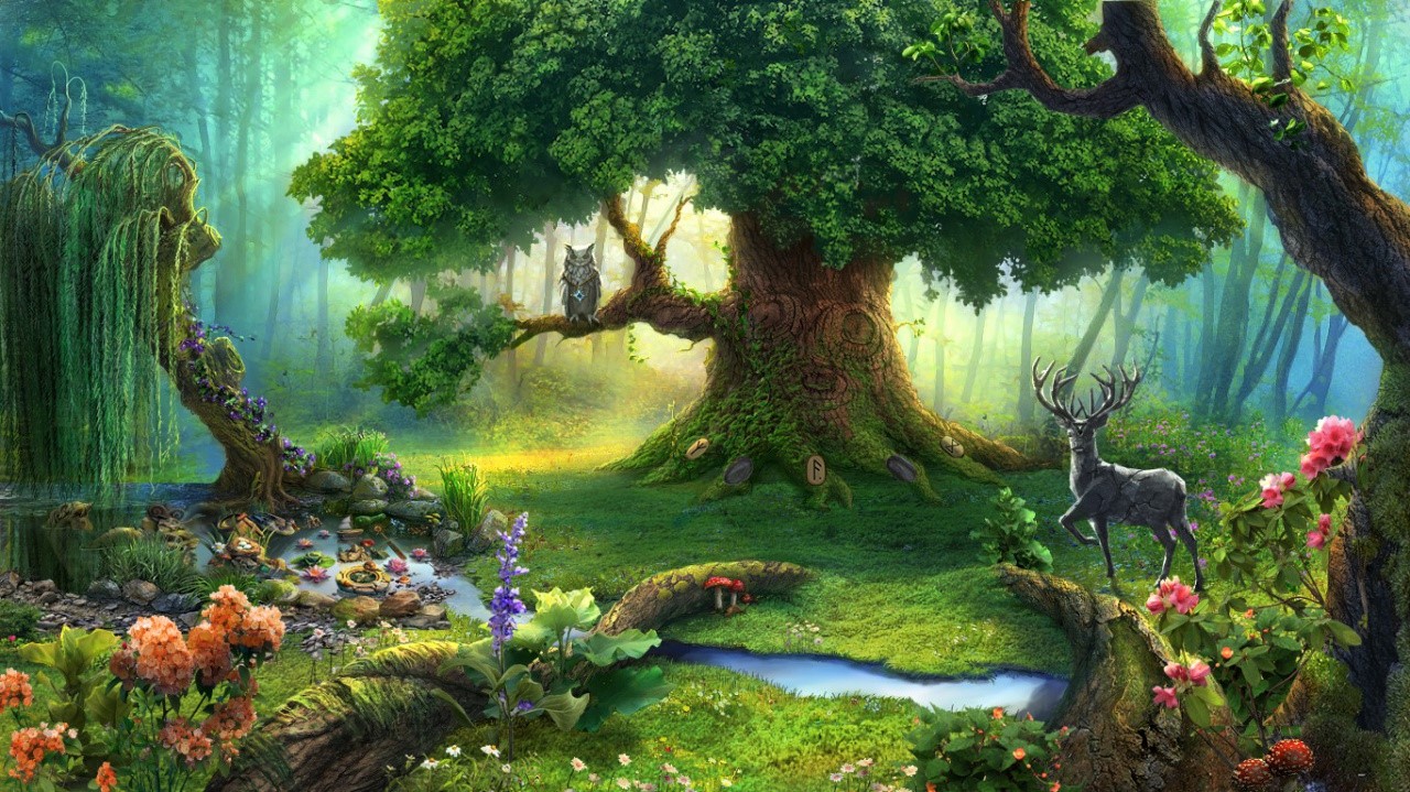 forest enchanted magical fantasy tree animal river flower artistic arts