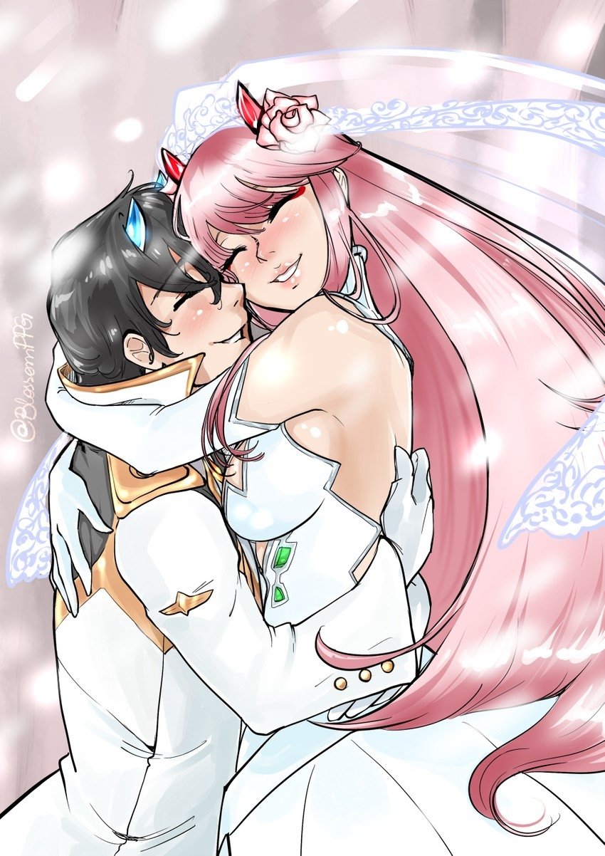 Zero Two and Hiro (Darling in the FranXX) embrace in wedding attire, smiling under a veil with soft, glowing lights around them.