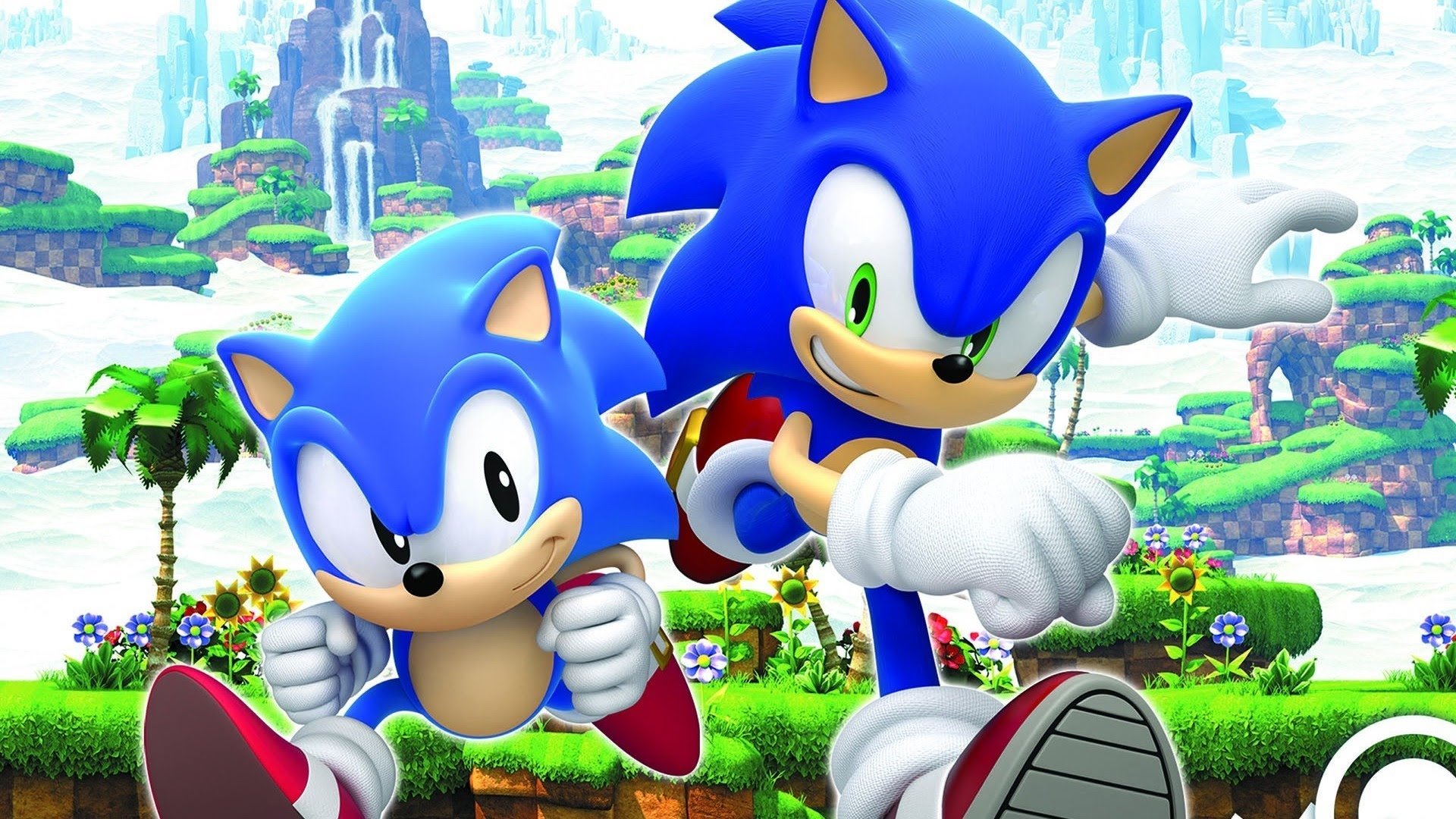 Classic Sonic and Modern Sonic from the video game Sonic Generations are depicted in a vibrant landscape, showcasing their iconic blue forms in action.