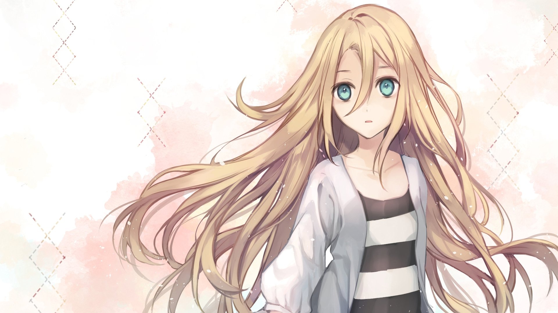 Rachel Gardner from Angels of Death — anime portrait of a pale girl with long blonde hair and blue eyes, wearing a striped top and white jacket against a soft pastel background.