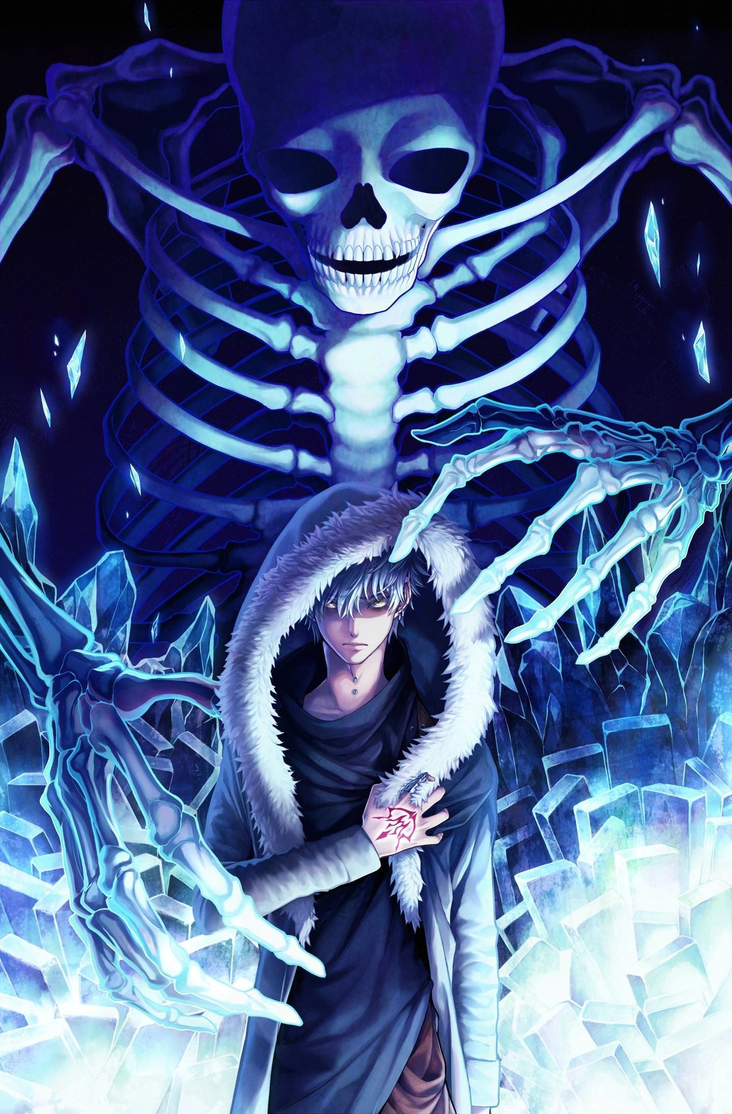 Kadoc Zemlupus from Fate/Grand Order stands with a glowing summoning circle on his hand, as a dark, eerie skeletal figure looms behind him in this dark anime scene.