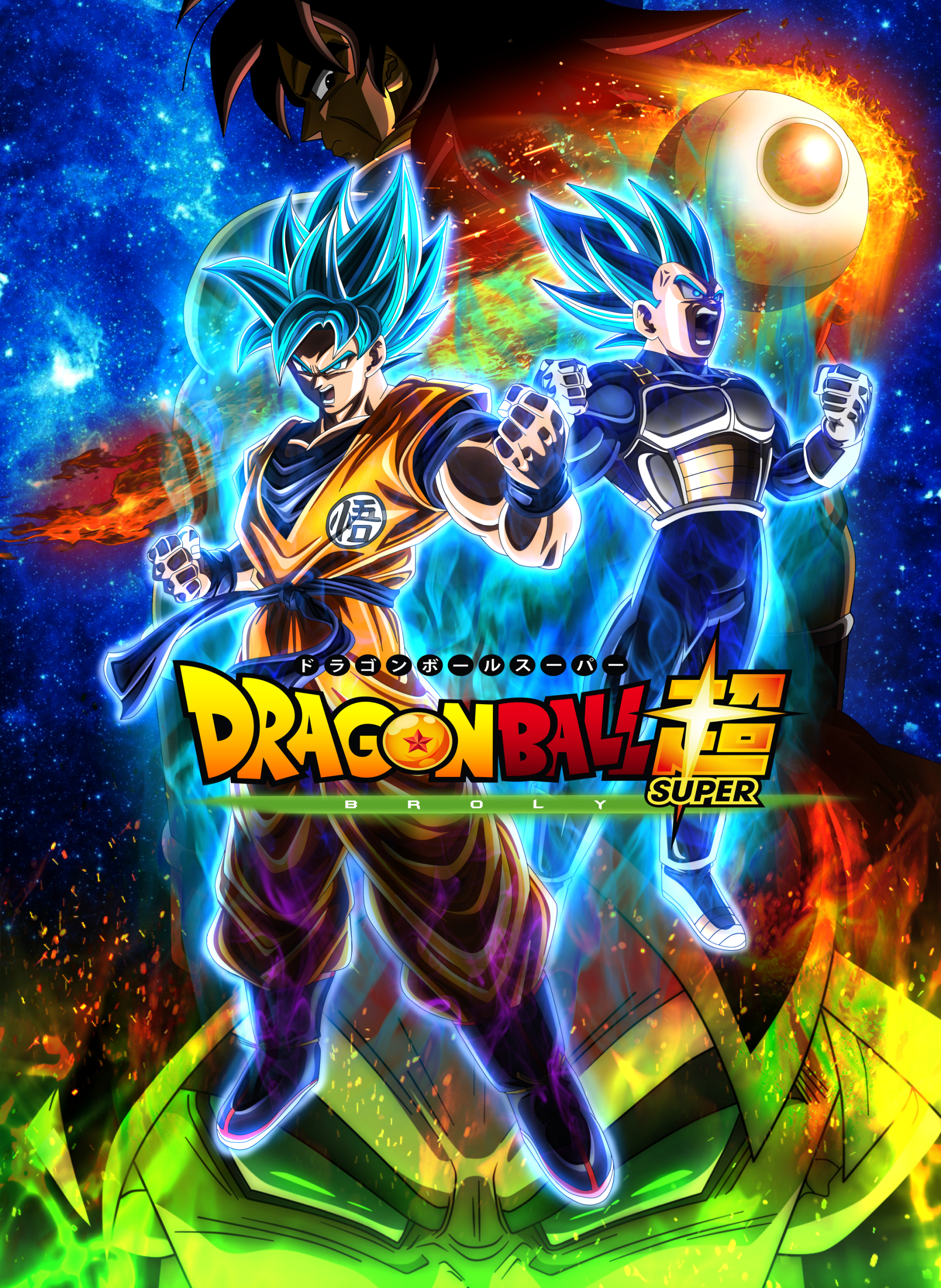 Goku and Vegeta in their Super Saiyan Blue forms stand ready for battle in this vibrant anime poster for Dragon Ball Super: Broly, featuring intense energy and the looming figure of Broly.