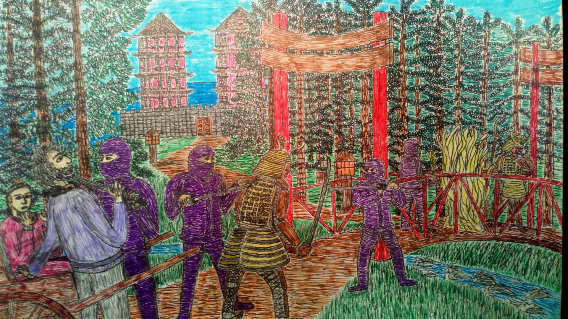 Fantasy scene of samurai and warriors in vivid colors standing in a forest clearing before a red torii gate, with a wooden bridge, ornate vegetation, and a distant pagoda.