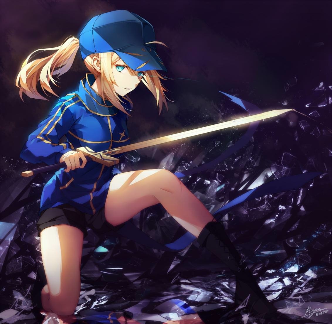 Heroine X (Saber, Fate/Grand Order) from the anime: blue-capped blonde holds a glowing sword, crouched on jagged dark crystals with a determined expression.