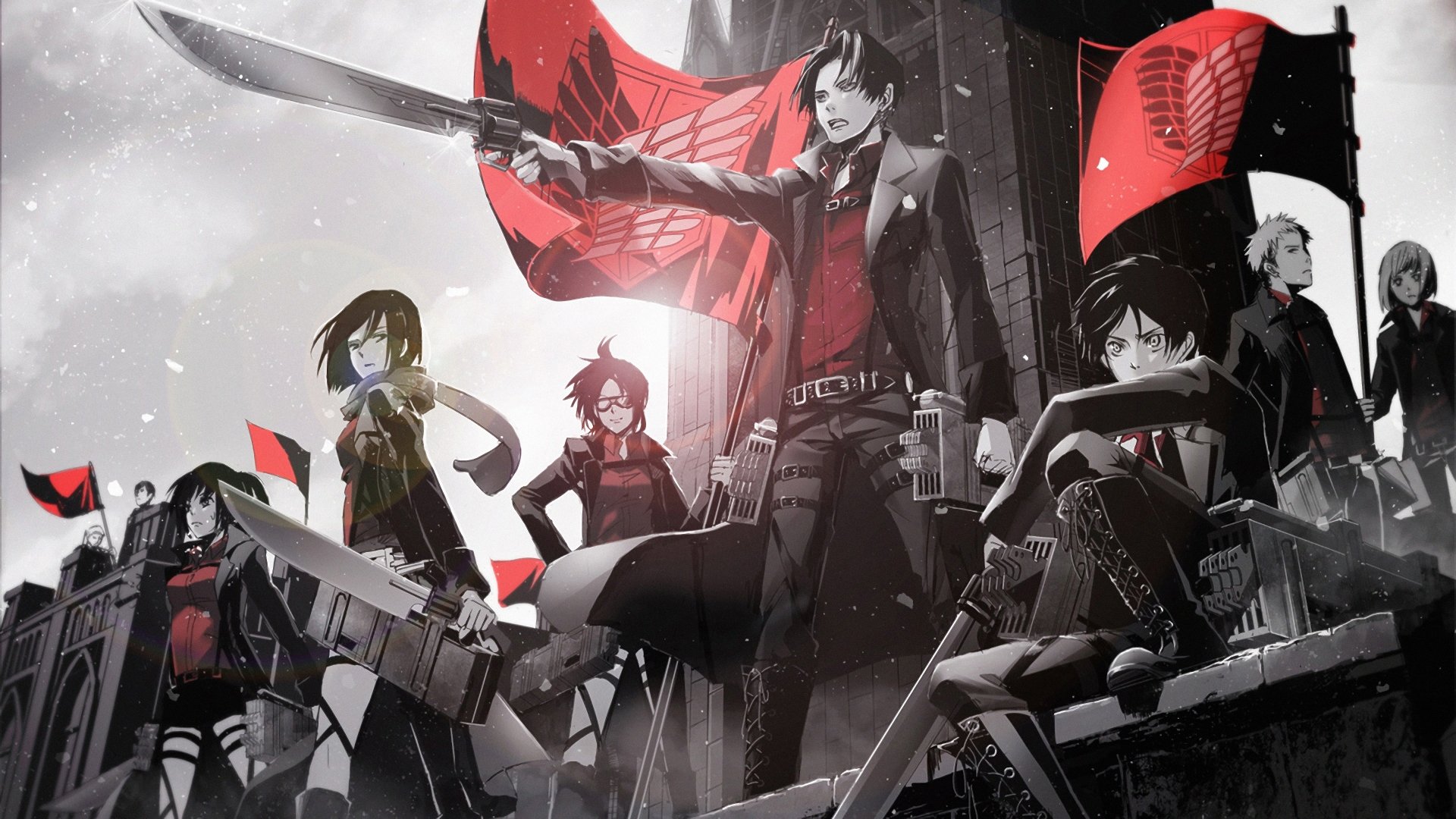 Eren Yeager, Mikasa Ackerman, Levi Ackerman, and other Survey Corps members from Attack on Titan stand united with red flags in a dramatic anime scene.
