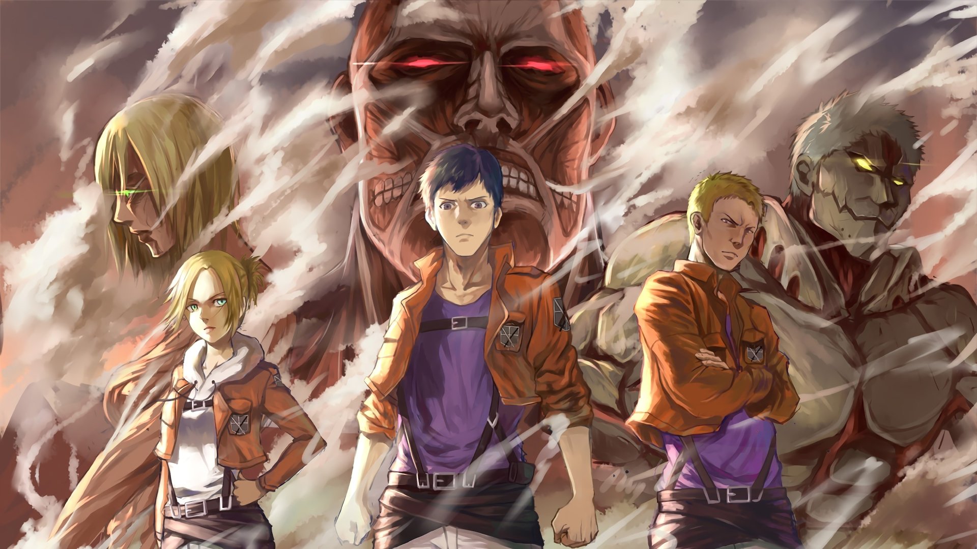 Bertholdt Hoover, Annie Leonhart, and Reiner Braun from Attack on Titan stand determined with their Titan forms looming in the background.