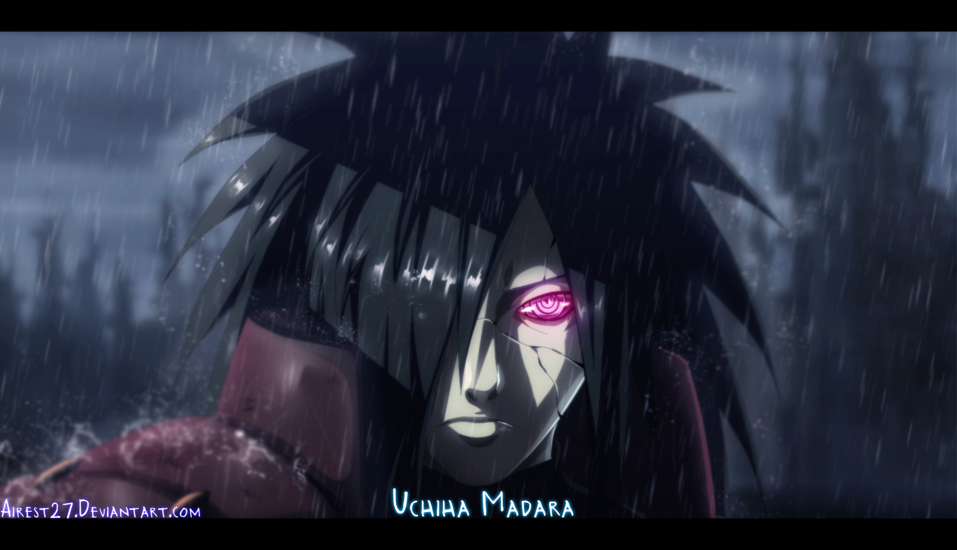 Madara Uchiha from the anime Naruto stands in heavy rain, his Sharingan eye glowing intensely against a dark, stormy background.