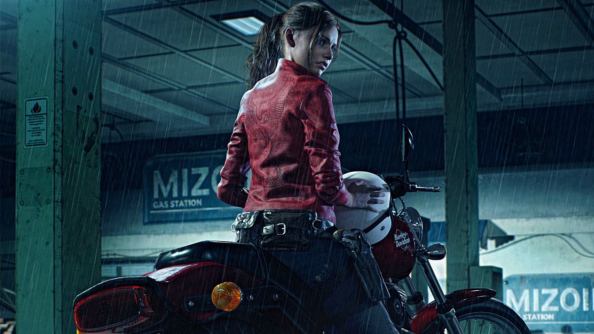 Claire Redfield from Resident Evil 2 (2019) sits on a red Harley-Davidson motorcycle in a dimly lit garage during rain.
