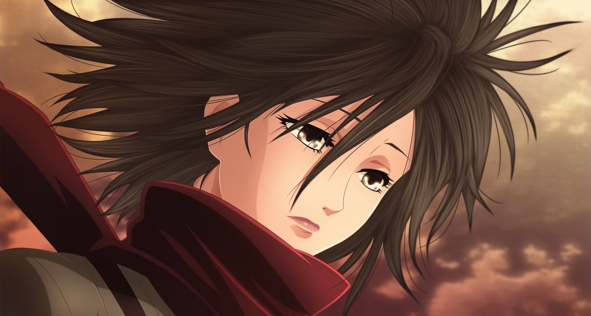 Mikasa Ackerman from the anime Attack on Titan, shown with wind-blown hair and a serious expression against a warm, cloudy sky.