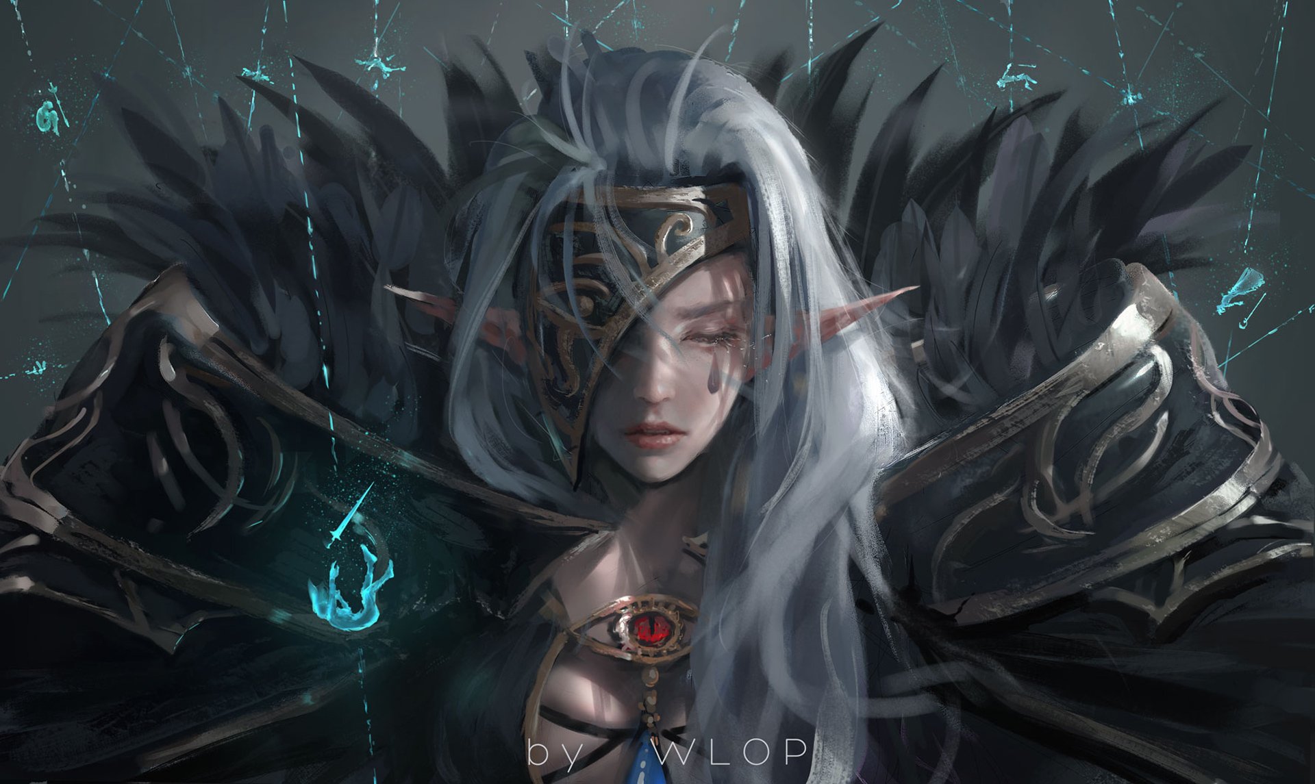 A fantasy elf with long white hair and pointed ears is crying tears that glow blue, surrounded by dark, ornate armor and mystical symbols.