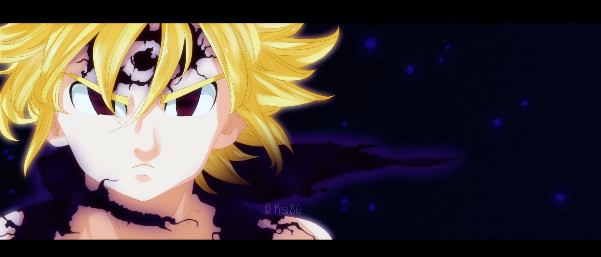 Meliodas from The Seven Deadly Sins anime with glowing eyes and dark energy swirling around him against a starry night background.