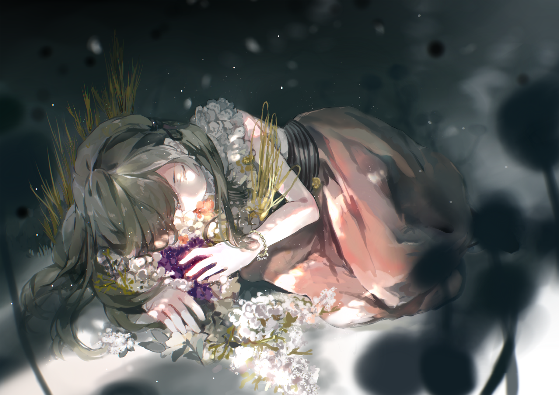 An anime girl with long black hair lies peacefully surrounded by flowers, softly illuminated in a dark, serene setting.