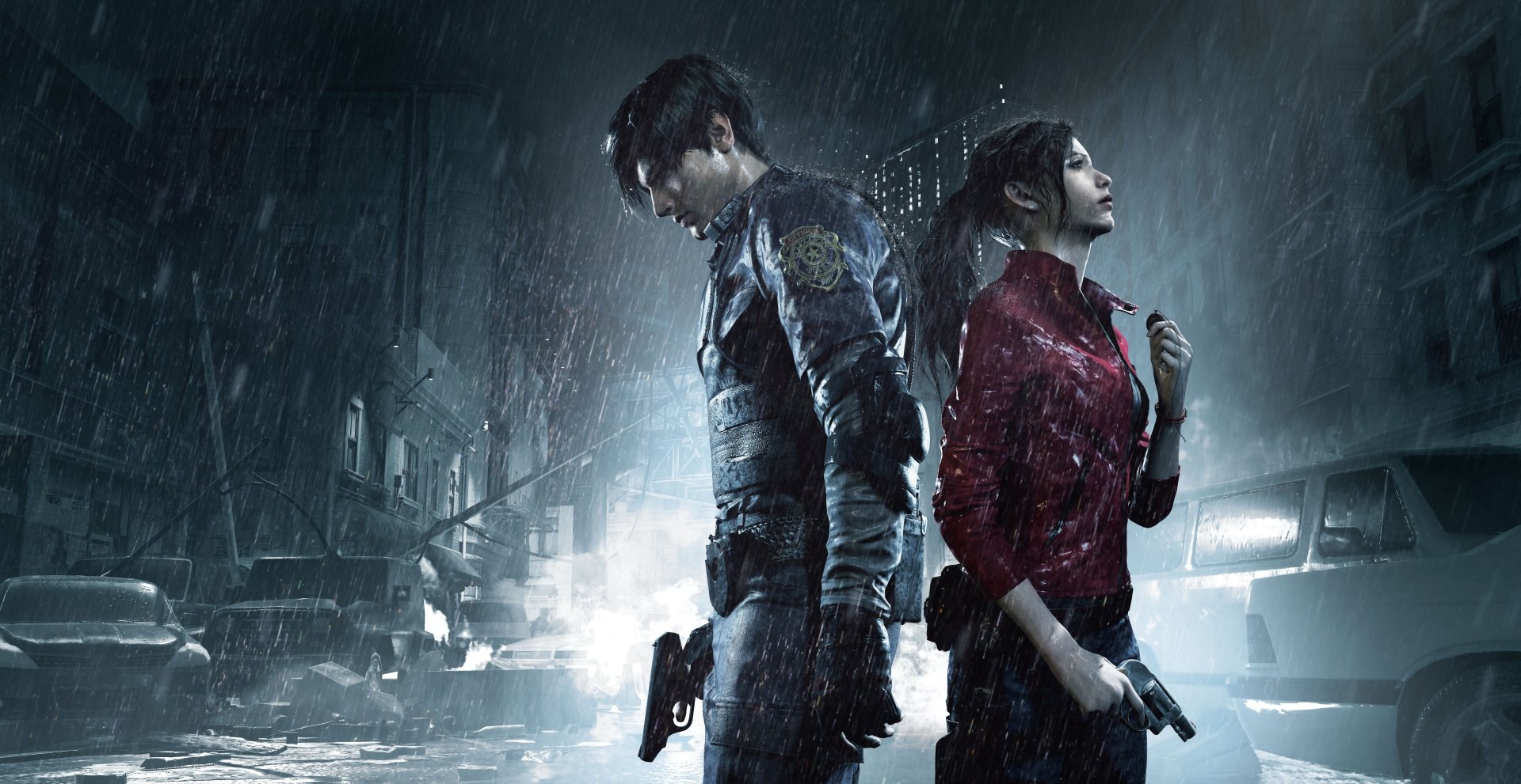 Claire Redfield and Leon S. Kennedy stand back-to-back in rain-soaked rubble, each holding a pistol on a ruined Raccoon City street — Resident Evil 2 (2019) art.