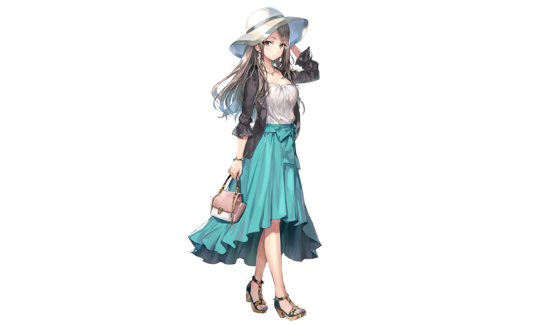 Anime girl wearing a teal skirt, white blouse, black jacket, sunhat, and sandals, holding a small handbag.