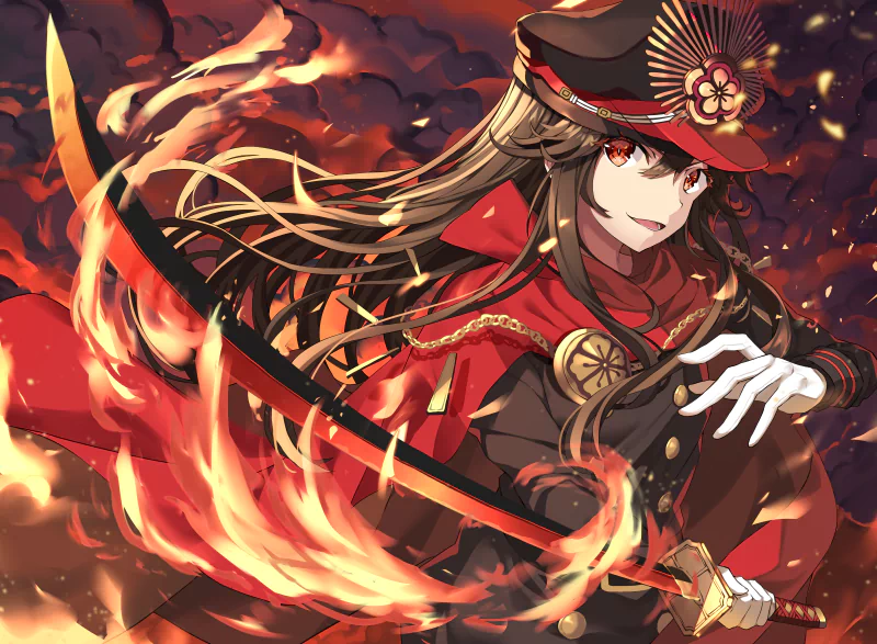Oda Nobukatsu from Fate/Grand Order in anime style, wearing a red military coat and peaked cap, wielding a flaming sword amid swirling fire and embers.