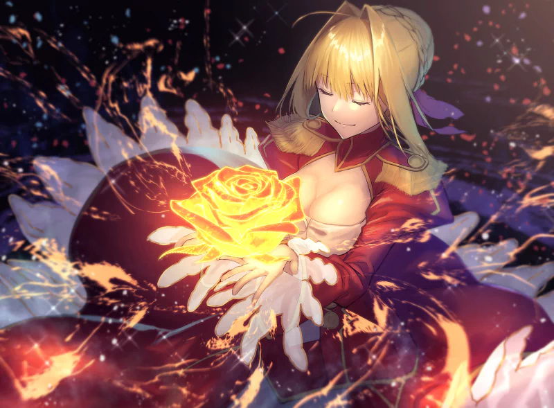 An anime character from Fate/Extra gently holds a glowing yellow rose, surrounded by a dazzling array of magical sparks, creating a captivating and enchanting atmosphere.