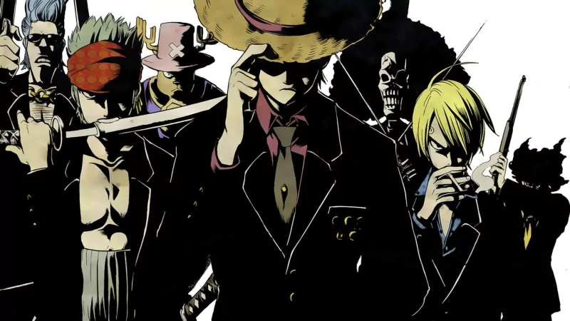 A dramatic scene featuring key characters from *One Piece*: Usopp, Sanji, Roronoa Zoro, Tony Tony Chopper, Monkey D. Luffy, Franky, and Brook, all in stylish attire, exuding a strong presence.