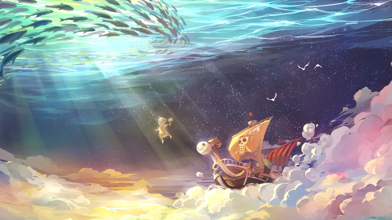 The Going Merry ship from One Piece sails through a dreamy ocean sky, surrounded by swirling fish and vibrant colors in this anime-inspired scene.
