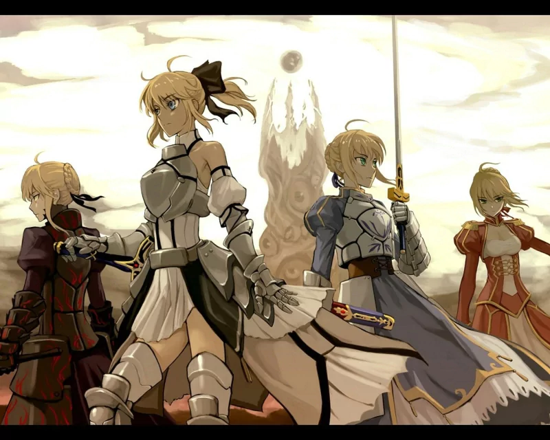 A striking illustration featuring Red Saber, Saber Alter, Saber Lily, and Saber from the Fate series, showcasing their unique armor and weapons against a dramatic backdrop.