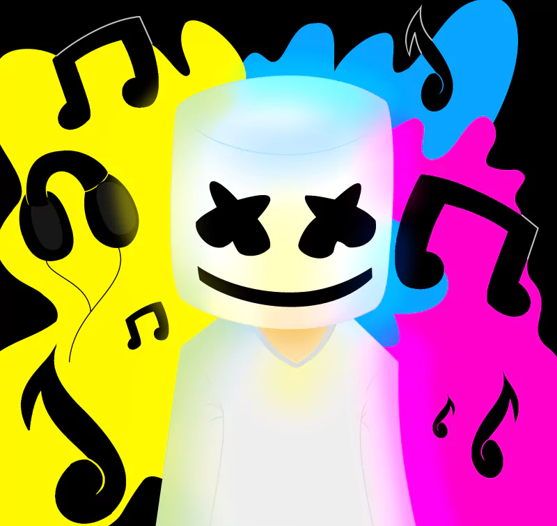 A vibrant illustration of Marshmello, the DJ, features a marshmallow-shaped head with a smile, surrounded by colorful musical notes and headphones, capturing the energy of music.