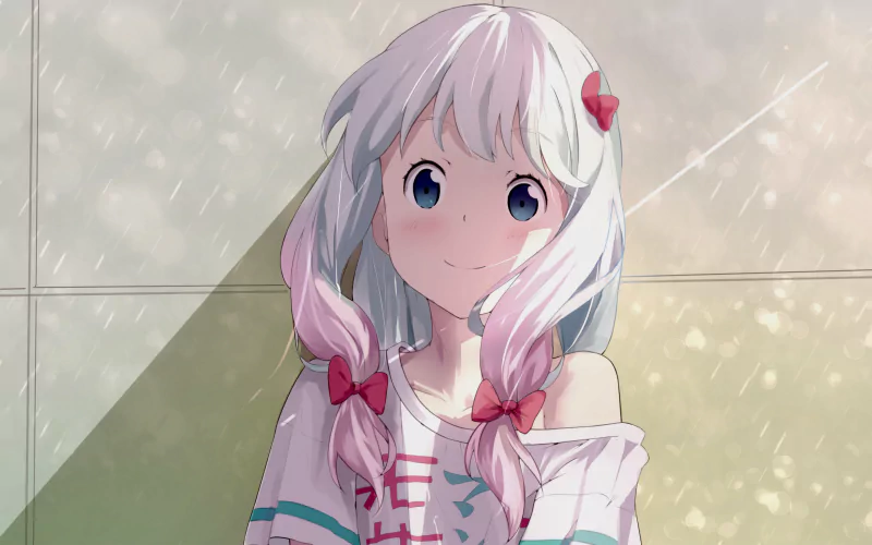A cheerful Sagiri Izumi from the anime EroManga-Sensei, featuring her distinctive light blue hair in braids, wearing a casual outfit with a playful expression.