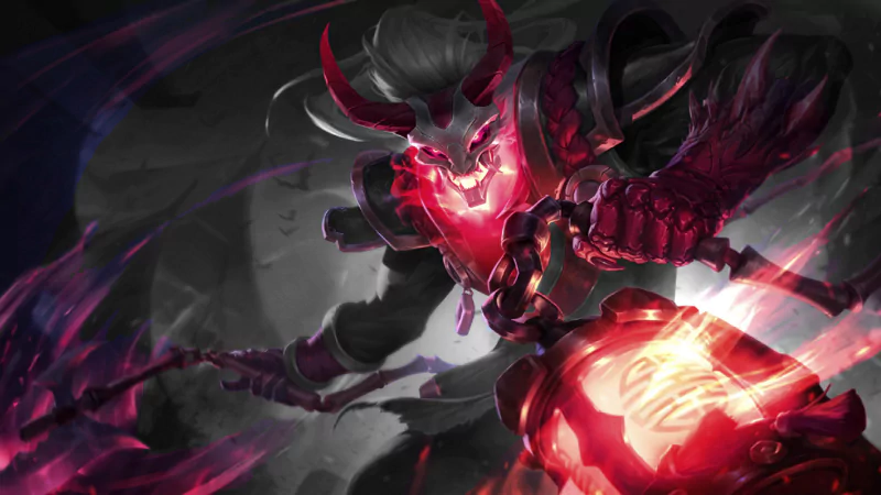 Thresh from League of Legends is depicted in a dark, intense scene with glowing red eyes and a menacing, fiery lantern in this video game artwork.