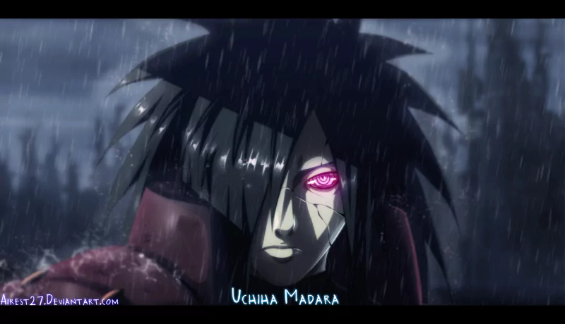 Madara Uchiha from the anime Naruto stands in heavy rain, his Sharingan eye glowing intensely against a dark, stormy background.