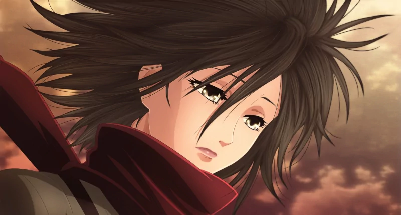 Mikasa Ackerman from the anime Attack on Titan, shown with wind-blown hair and a serious expression against a warm, cloudy sky.