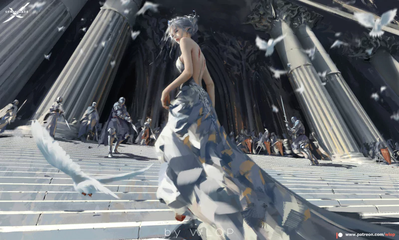 A dramatic scene from the comic GhostBlade, featuring a woman in an elaborate dress descending grand steps, surrounded by ethereal feathers and armored figures.