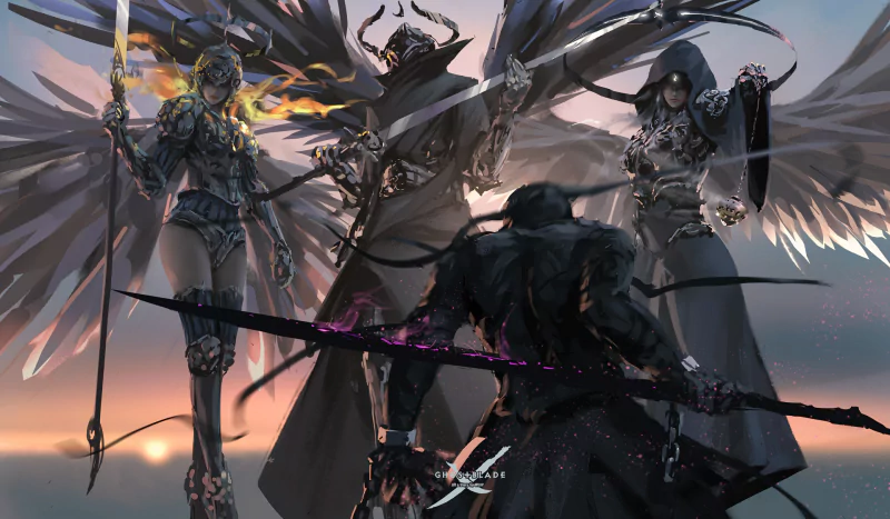 A dramatic scene from the comic GhostBlade, featuring three imposing figures with weapons and wings confronting a dark-clad character against a striking sunset backdrop.