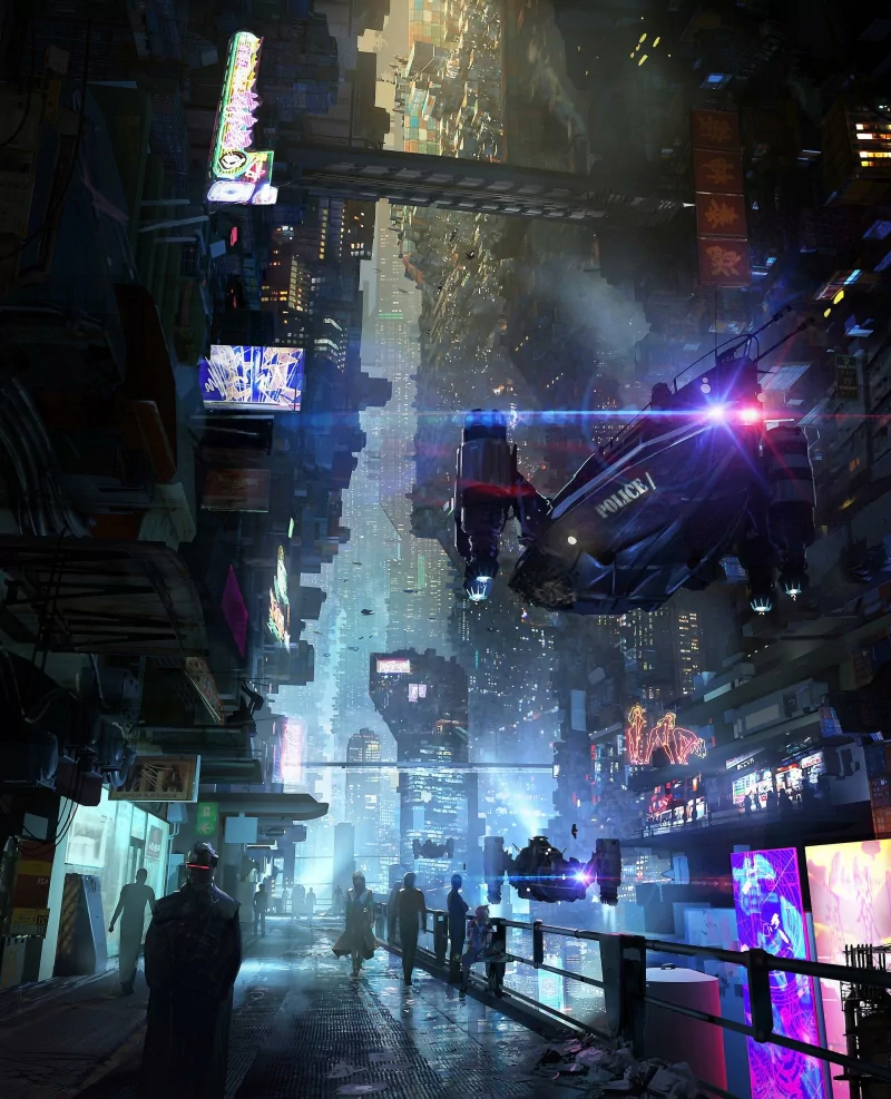 A futuristic cyberpunk cityscape at night with neon lights, towering skyscrapers, and a hovering police vehicle illuminating the misty air in a sci-fi urban environment.