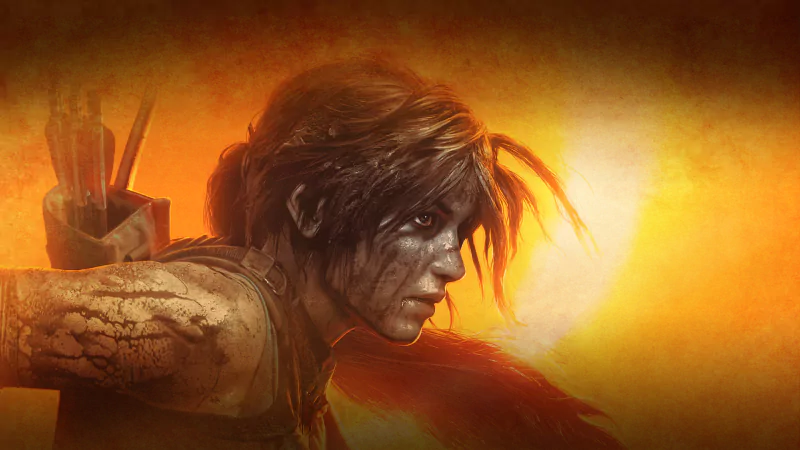 Lara Croft from the video game Shadow of the Tomb Raider, depicted with a determined expression, set against a dramatic orange-hued background.