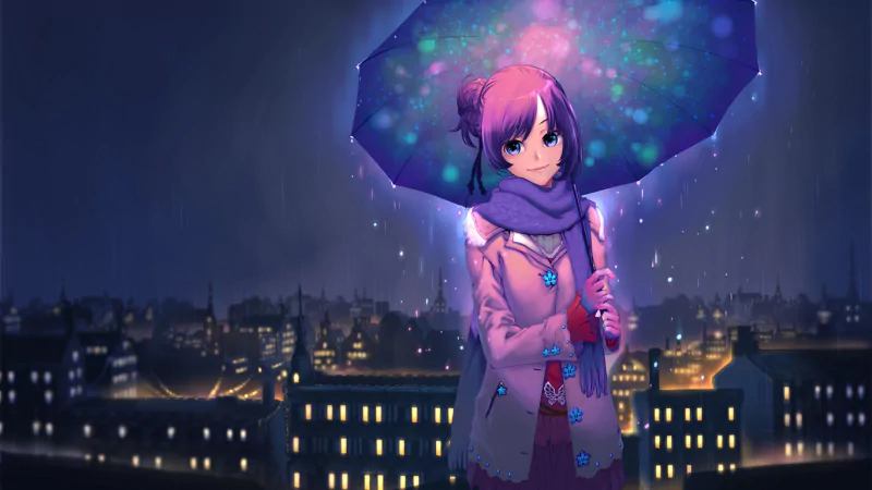 An anime girl with purple hair stands in a rainy night cityscape, holding a glowing umbrella that reflects vibrant purple and blue hues.