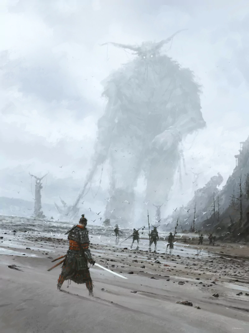 A lone samurai faces a towering, misty giant in a vast, desolate landscape, blending elements of fantasy and ancient warrior culture.