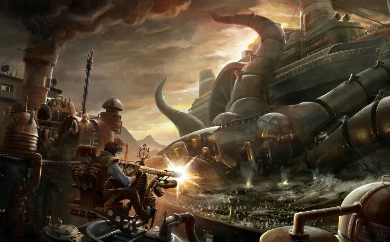 A dramatic sci-fi steampunk scene depicts a giant mechanical whale emerging from turbulent waters as a figure fires a weapon from a complex industrial platform.
