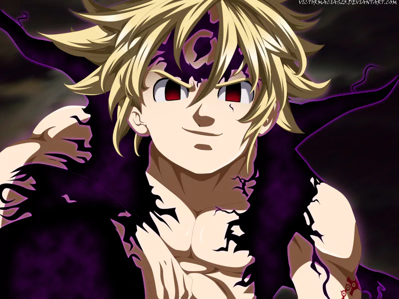 Anime-style illustration of Meliodas from The Seven Deadly Sins with dark, shadowy aura and intense expression.