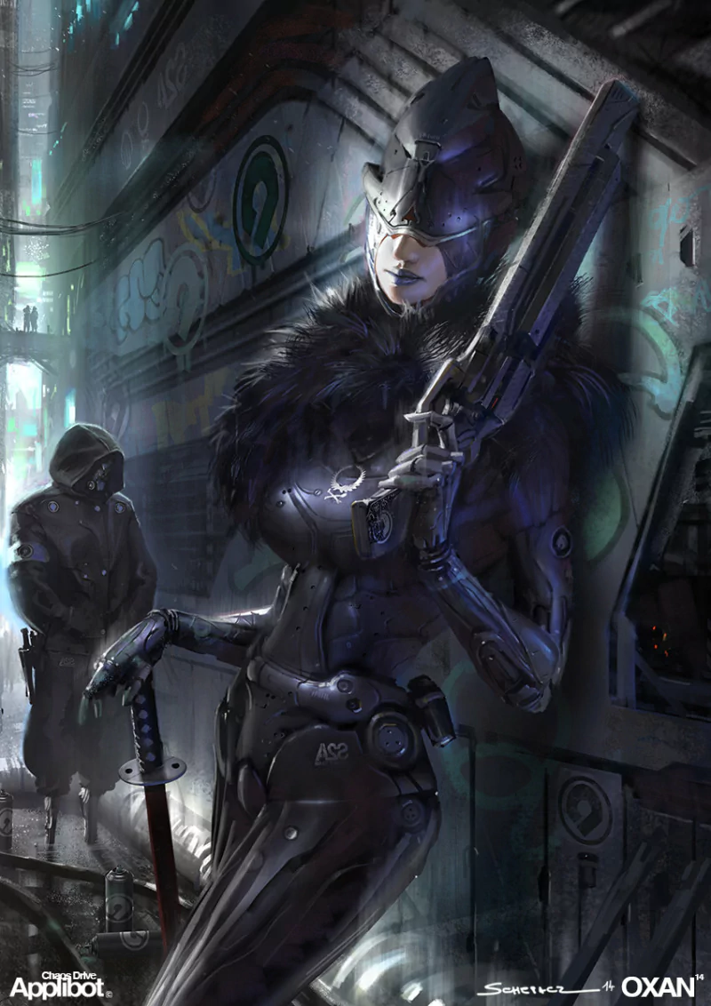 A cyberpunk sci-fi scene featuring a futuristic armored figure with a sleek helmet and glowing eyes, standing in a dark, graffiti-covered urban alleyway.