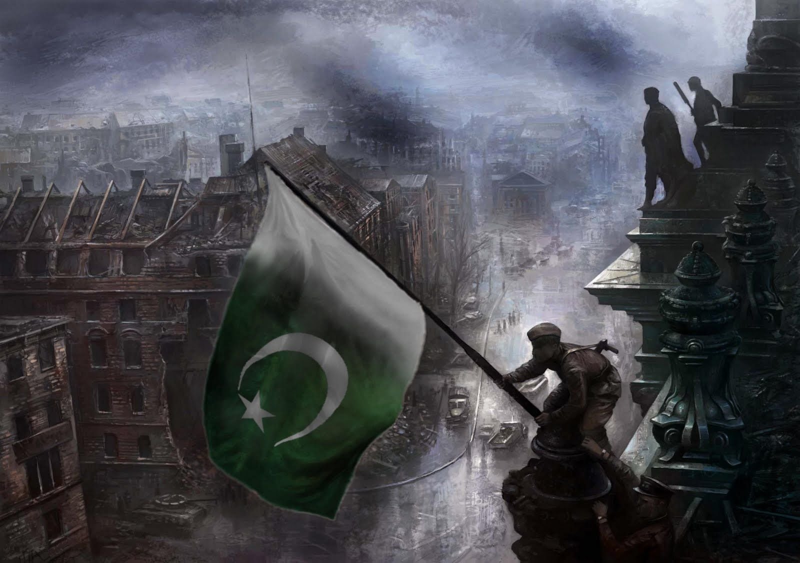 Artwork from the video game Hearts of Iron III: a soldier on a ruined city rooftop waves the Flag of Pakistan beneath a stormy, smoke-filled sky.